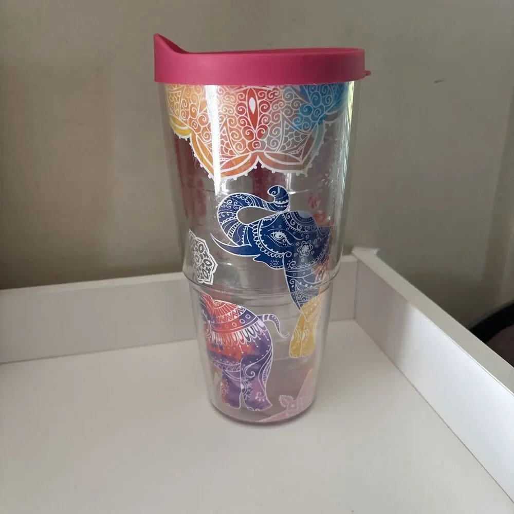 Tervis 24oz Tumbler Travel Mug Mehndi Elephant Colorful Wrap Pink Lid
